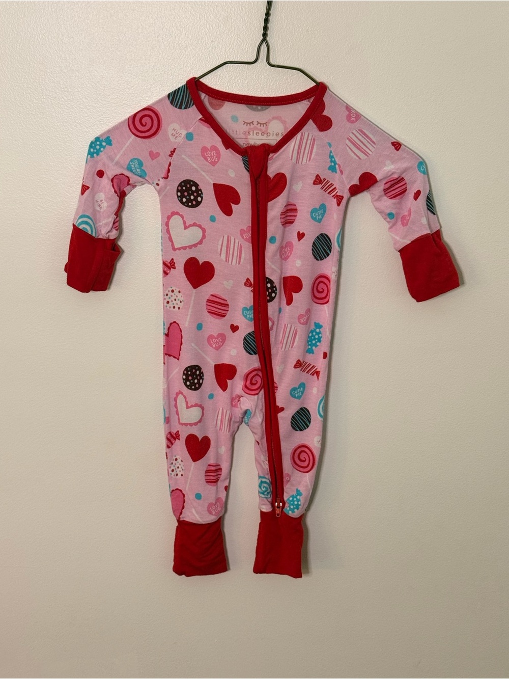 Little Sleepies Pink Heart-Print One-Piece pajama with Red Trim